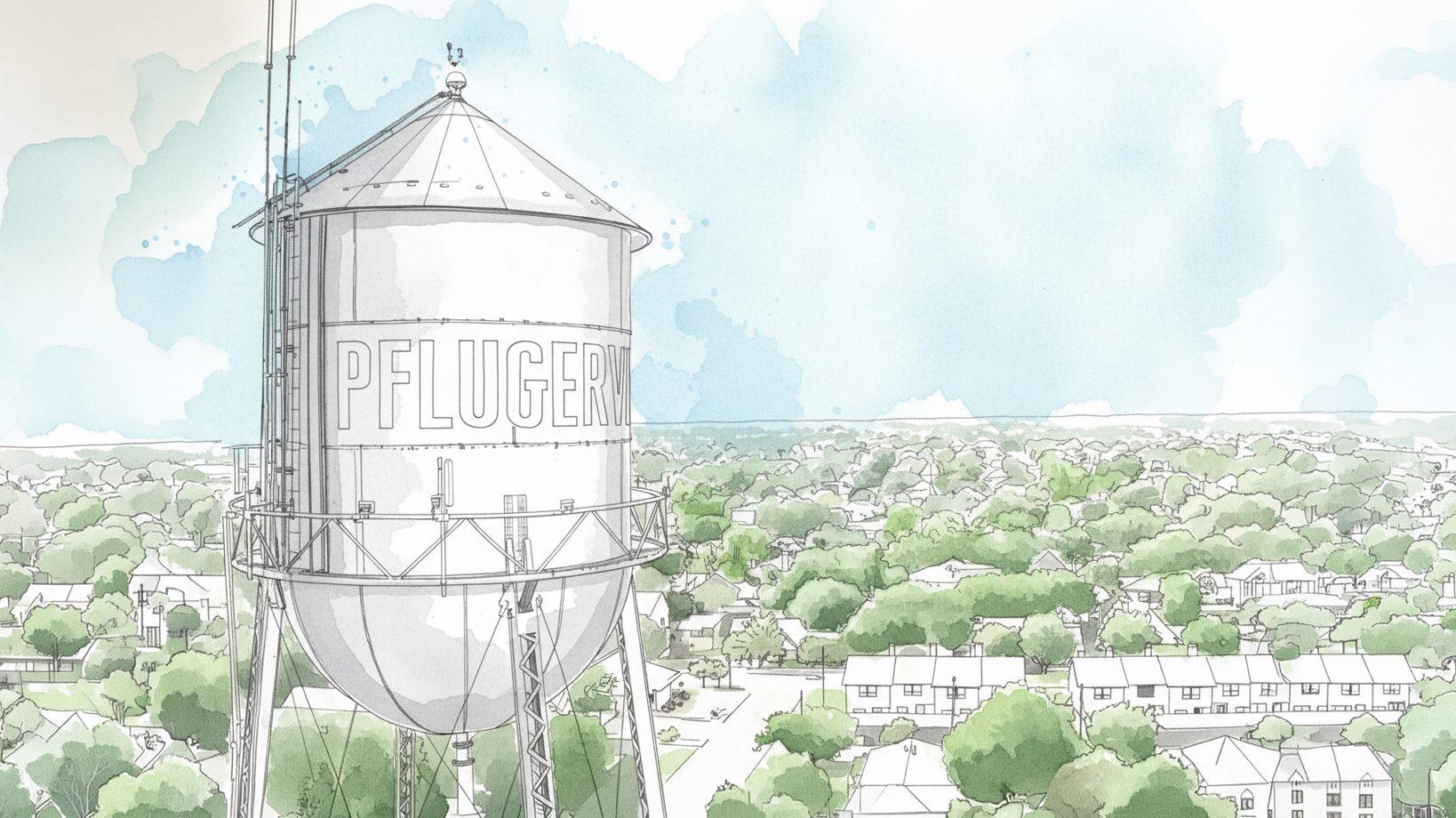 watercolor painting or the pflugerville water tower